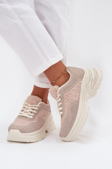 Zapatillas deportivas de mujer con ojales brillantes y forro de piel de cordero color marfil Zarika 2