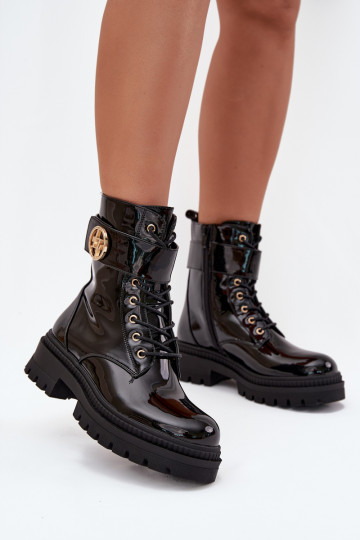 con efecto barniz botines de trabajo Femenino Ze color doradom Detalem calentamiento de color negro Fiorena