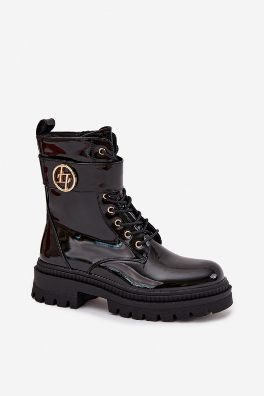 con efecto barniz botines de trabajo Femenino Ze color doradom Detalem calentamiento de color negro Fiorena