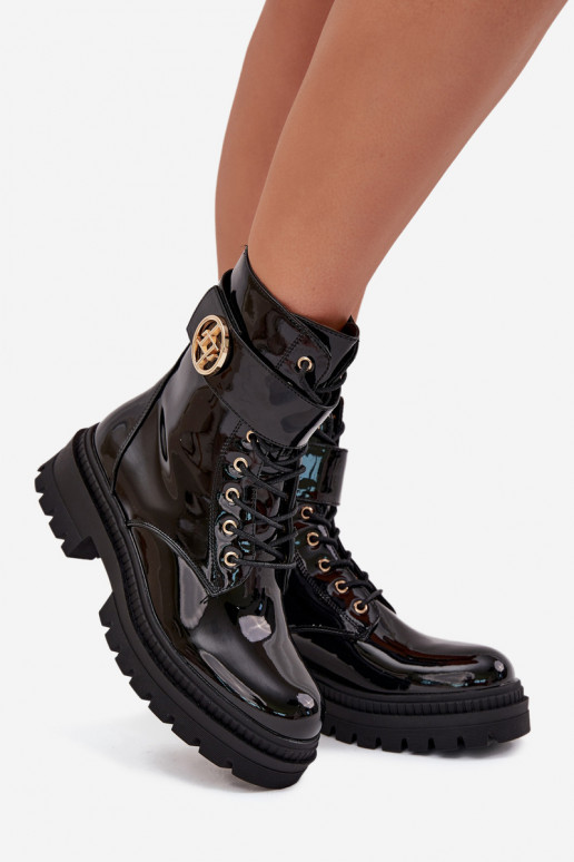 con efecto barniz botines de trabajo Femenino Ze color doradom Detalem calentamiento de color negro Fiorena