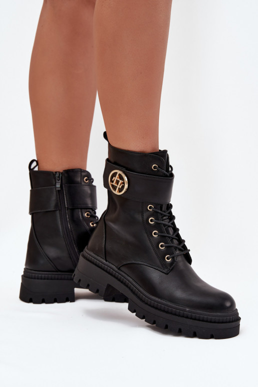 botines de trabajo Femenino Ze color doradom Detalem calentamiento de color negro Fiorena