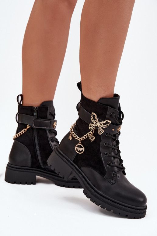 botines de trabajo Femenino calentamiento Ze color doradom Con cadena I ZaAieszkami de color negro Ravine