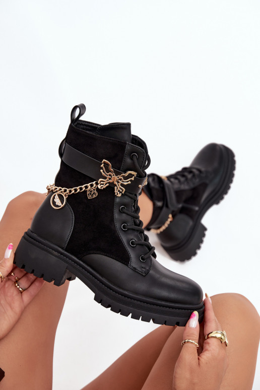 botines de trabajo Femenino calentamiento Ze color doradom Con cadena I ZaAieszkami de color negro Ravine