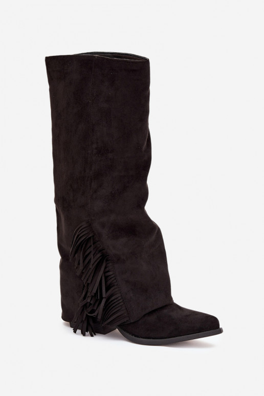 Botas altas de mujer estilo vaquero, tipo slip-on, con flecos y tacón, negras Zalia