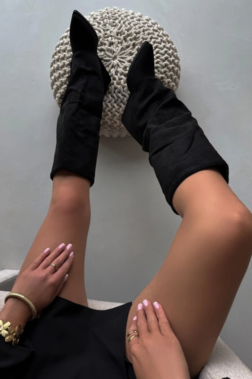 Botas altas de mujer estilo vaquero, tipo slip-on, con flecos y tacón, negras Zalia