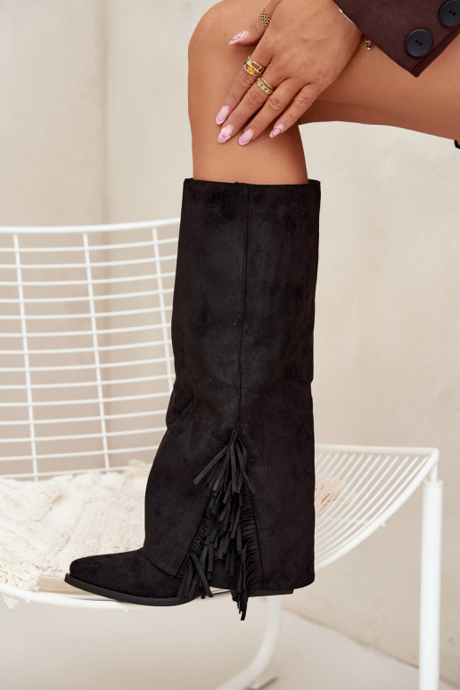 Botas altas de mujer estilo vaquero, tipo slip-on, con flecos y tacón, negras Zalia