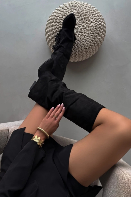 Botas altas de mujer estilo vaquero, tipo slip-on, con flecos y tacón, negras Zalia