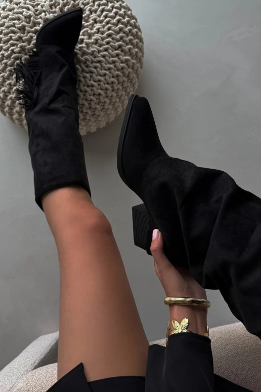 Botas altas de mujer estilo vaquero, tipo slip-on, con flecos y tacón, negras Zalia