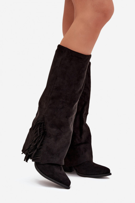 Botas altas de mujer estilo vaquero, tipo slip-on, con flecos y tacón, negras Zalia
