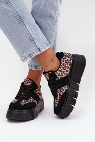 Zapatillas deportivas de mujer negras de gamuza con forro cálido, plataforma y detalles de leopardo Vinceza 66841