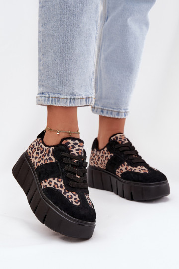 Zapatillas deportivas de mujer negras de gamuza con forro cálido, plataforma y detalles de leopardo Vinceza 66841 2