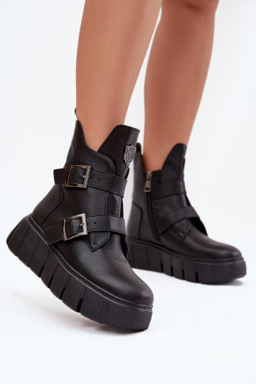 Botines de mujer negros de cuero con forro cálido, plataforma y hebillas Vinceza 66842 2