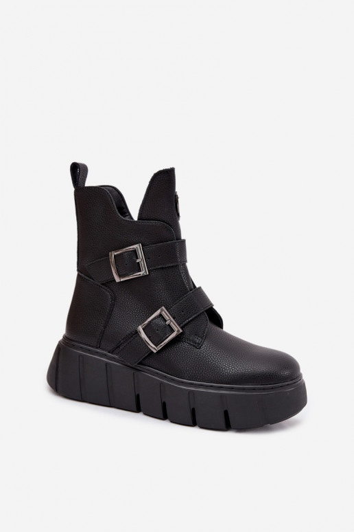 Piel calentamiento Botas de mujer con una plataforma con hebillas Vinceza 66842 de color negro