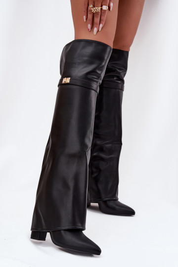 Botas altas forradas con parte superior cosida sobre la rodilla en tacón de columna, color negro Serelle 2