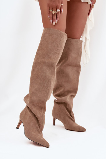 Botas altas de mujer con tacones delgados, modelo sin cierres, color arena Tai turivilla 2