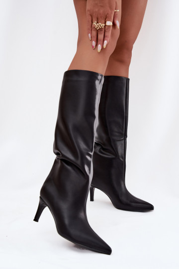 Botas de caña alta para mujer tipo slip-on, forradas y con tacones delgados, color negro, Olivienne 2