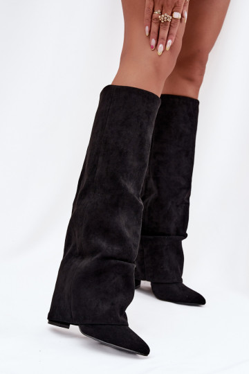 Botas de caña alta para mujer con forro, tacones de ante ecológico color negro, Elivira 2