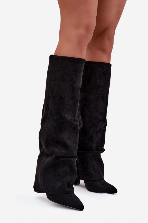 calentamiento botas de mujerENyAiniętą CholeAką con tacones de gamuza ecológicaoAe de color negro Elivira