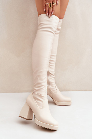 Ajuste apretado botas por encima de la rodilla con tacones color marfil Sanniraen
