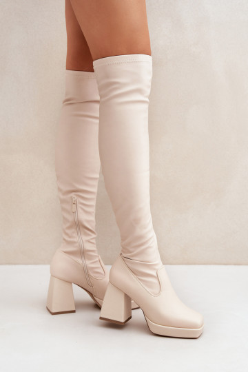 Ajuste apretado botas por encima de la rodilla con tacones color marfil Sanniraen 2