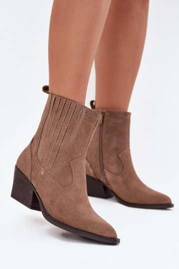 Botines de mujer de estilo cowboy de ante con tacones, forrados, color caqui Dylira