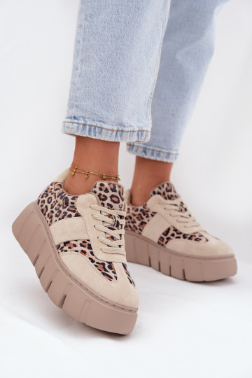 Zapatillas deportivas de mujer beige de gamuza con forro cálido, plataforma y detalles de leopardo Vinceza 66841