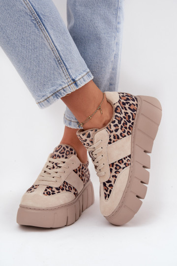 Zapatillas deportivas de mujer beige de gamuza con forro cálido, plataforma y detalles de leopardo Vinceza 66841 2