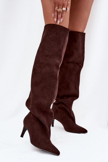 Botas altas de mujer con tacones delgados, modelo sin cierres, color chocolate Tai turivilla 2
