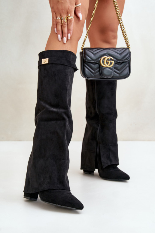 botas de mujer de gamuza ecológicaoAeENyAiniętą CholeAką con tacones de color negro Bralise