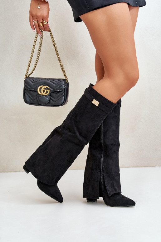 botas de mujer de gamuza ecológicaoAeENyAiniętą CholeAką con tacones de color negro Bralise