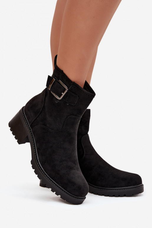 calentamiento Botas de mujer En un tacón bajo Klocku con hebillas de color negro Helvina