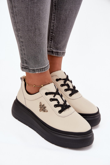 Piel zapatos Femenino con una plataformaPrzypinką Vinceza 41495 beige