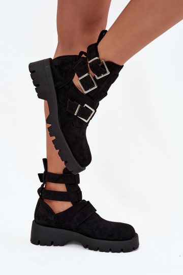 botines para mujer con tiras y hebillas plateadas color negro "Helisse"
