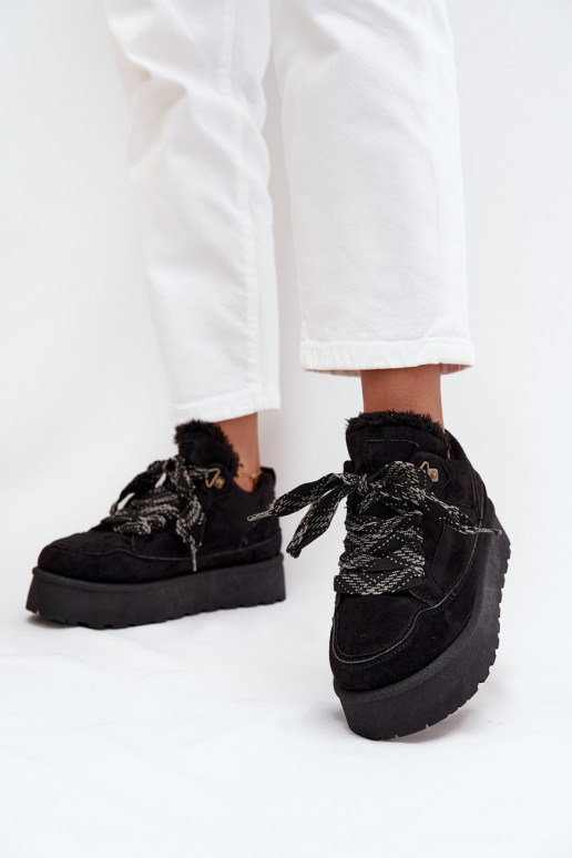 con cordones Botas de nieve Femenino con una plataforma calentamiento con pelo dentro de color negro Tavelle