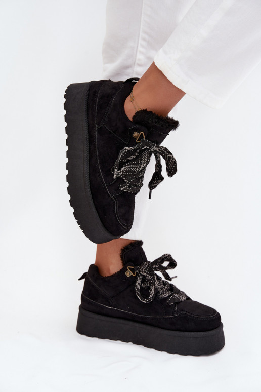 con cordones Botas de nieve Femenino con una plataforma calentamiento con pelo dentro de color negro Tavelle
