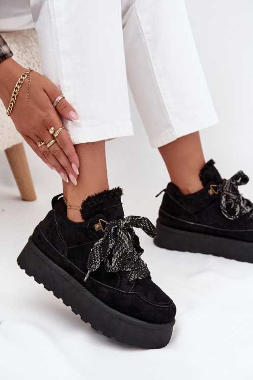 con cordones Botas de nieve Femenino con una plataforma calentamiento con pelo dentro de color negro Tavelle