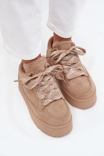 con cordones Botas de nieve Femenino con una plataforma calentamiento con pelo dentro beige Tavelle