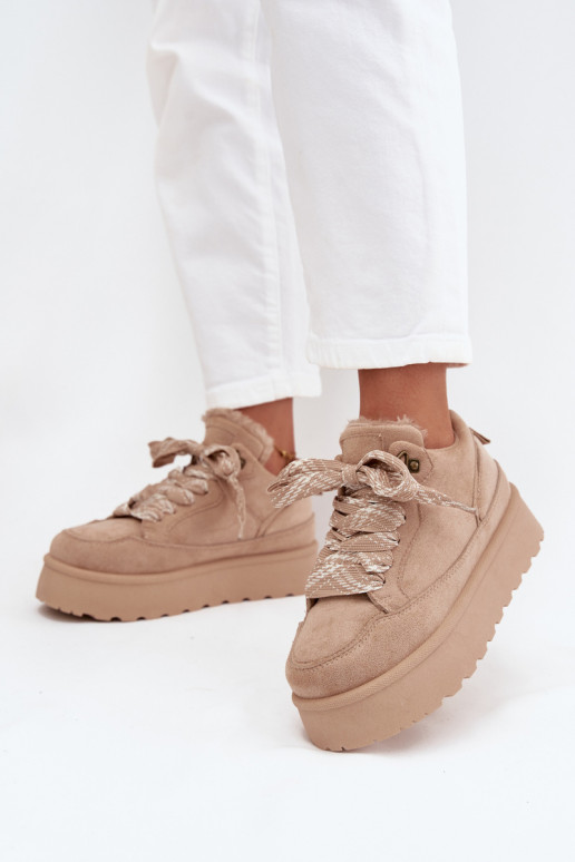 con cordones Botas de nieve Femenino con una plataforma calentamiento con pelo dentro beige Tavelle