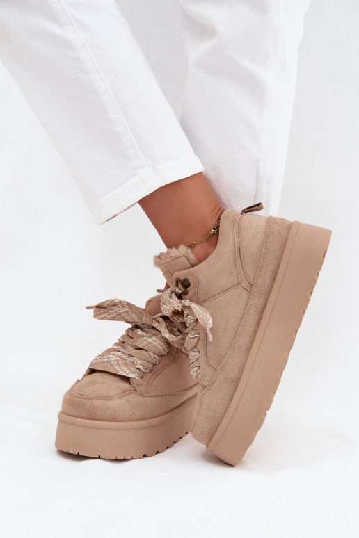 con cordones Botas de nieve Femenino con una plataforma calentamiento con pelo dentro beige Tavelle