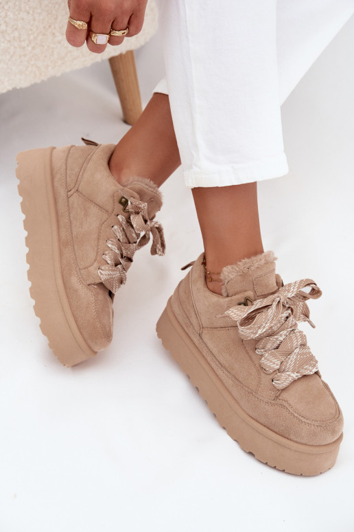con cordones Botas de nieve Femenino con una plataforma calentamiento con pelo dentro beige Tavelle