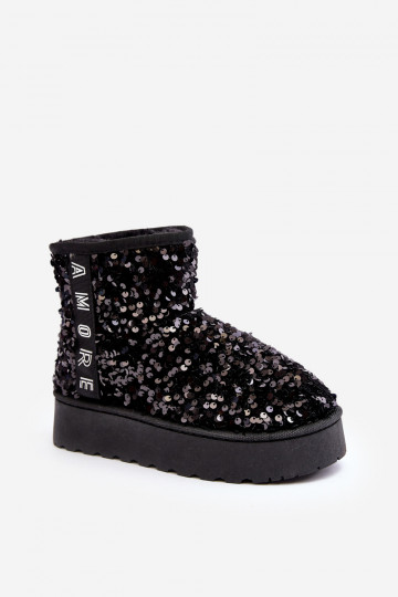Botas de nieve de plataforma negras para mujer con decoración de brillos "Silmo"