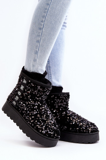 Botas de nieve de plataforma negras para mujer con decoración de brillos "Silmo" 2