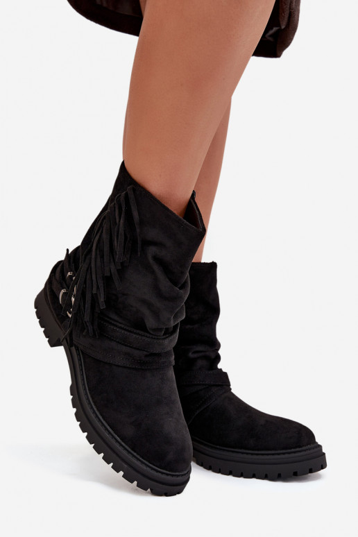 calentamiento Botas de mujer con flecos I Klarami con tacones anchos de color negro Helianne