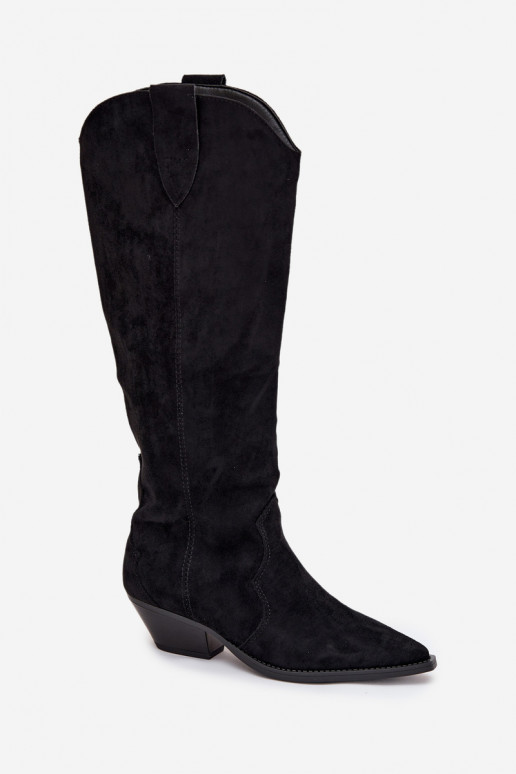 calentamiento botas estilo vaquero con taconesde gamuza ecológicau de color negro Jovianne