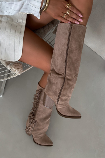 Botas de caña alta de estilo cowboy para mujer con flecos y tacones color beige Tivara 2