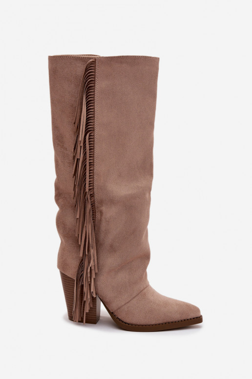 Botas de caña alta de estilo cowboy para mujer con flecos y tacones color beige Tivara Botas de caña alta de estilo cowboy para mujer con flecos y tacones color beige Tivara