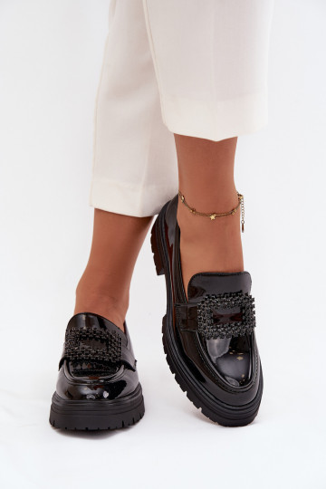 con efecto barniz zapatos mocasines de mujer para decorar con hebillas de color negro Luvianne