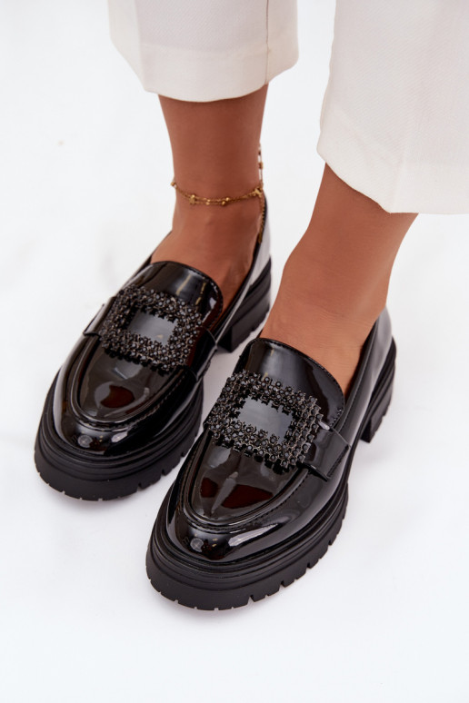 con efecto barniz zapatos mocasines de mujer para decorar con hebillas de color negro Luvianne