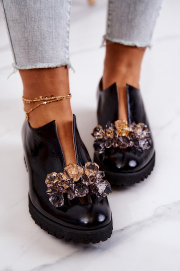 Estilo elegante Piel zapatos con adornos de color negro Cindy 2