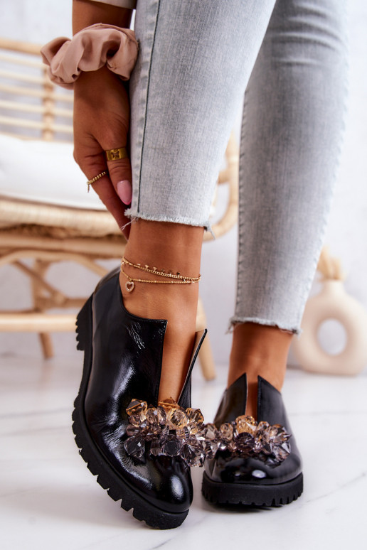 Estilo elegante Piel zapatos con adornos de color negro Cindy Estilo elegante Piel zapatos con adornos de color negro Cindy